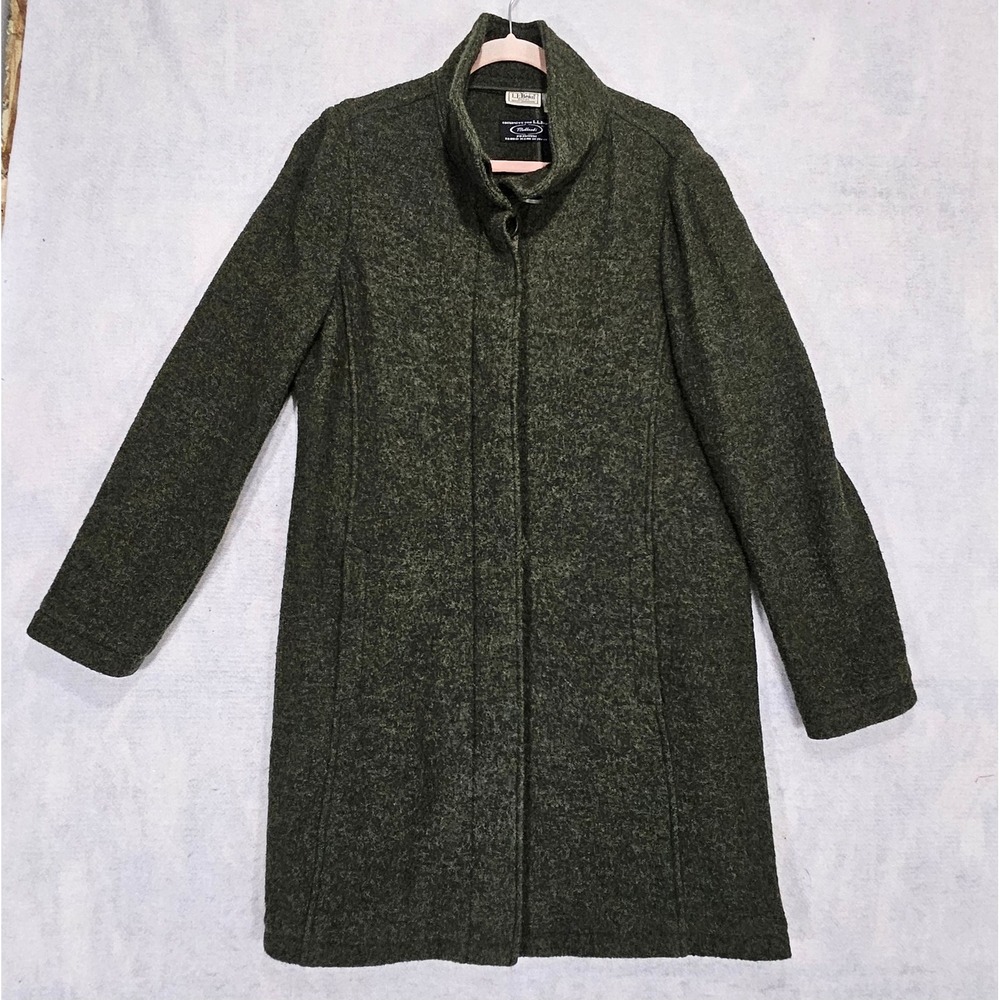 LL Bean Wool Coat Women L Vtg Long Military Bellandi Italian Fabric Olive Green
